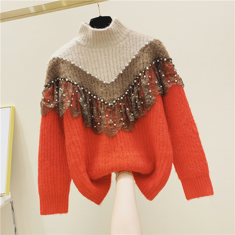 Cakucool New Mesh Lace Patchwork Sweater Half Stand Collar Color Patch Ruffles Beading Sweater Korean Cute Girls Sweater Jumpers alx