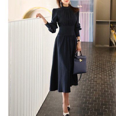 Spring Solid A-line Dress Women Navy Blue Full puff Sleeve Stand neck Casual Office Dress Elegant Work Dresses alx