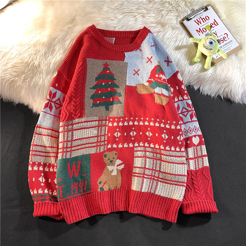 Autumn and Winter Christmas Bear Round Neck Sweater for Men and Women Loose Lazy Style Couple Knitwear Ins alx