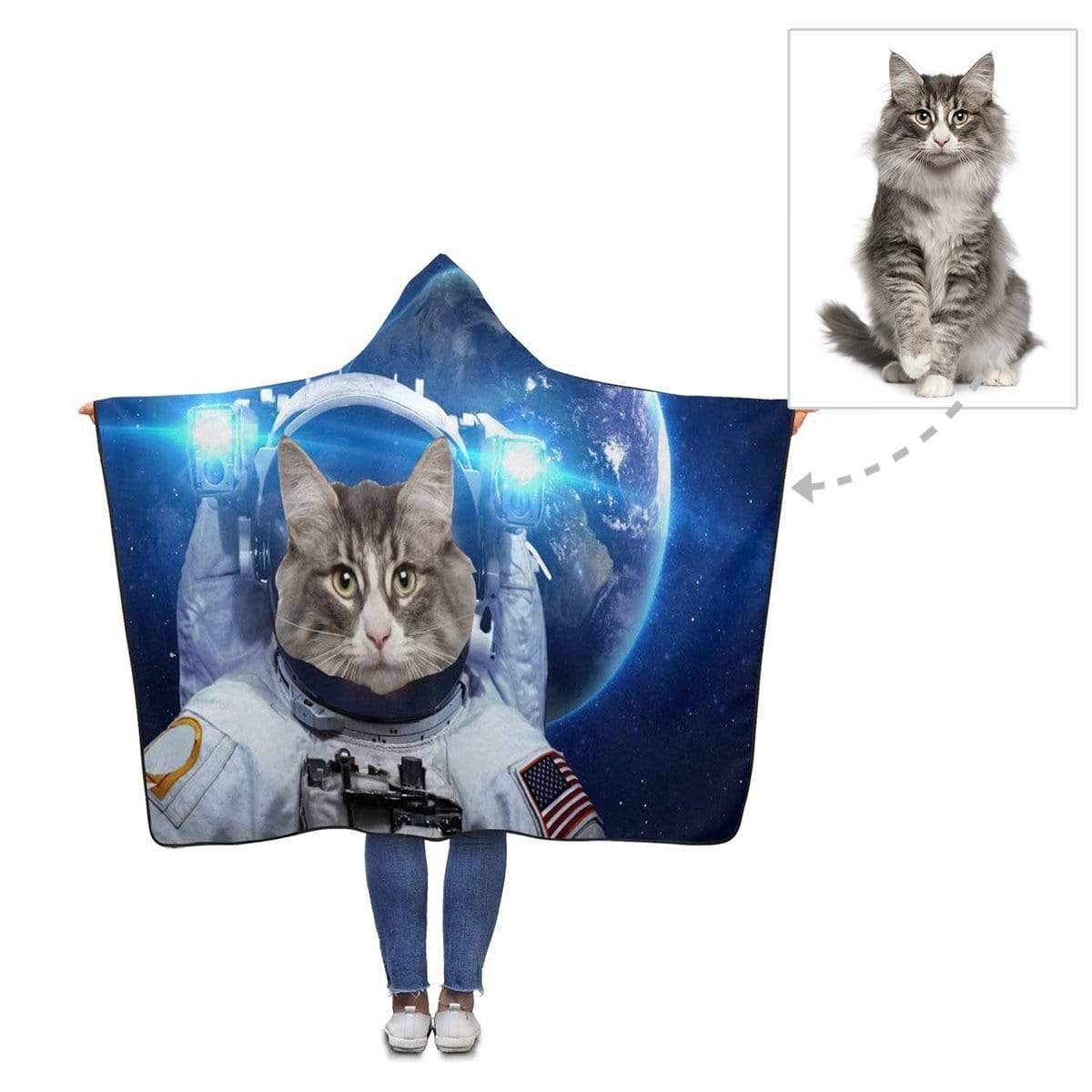 Custom Face Cat Spaceman Universe Hooded Blanket