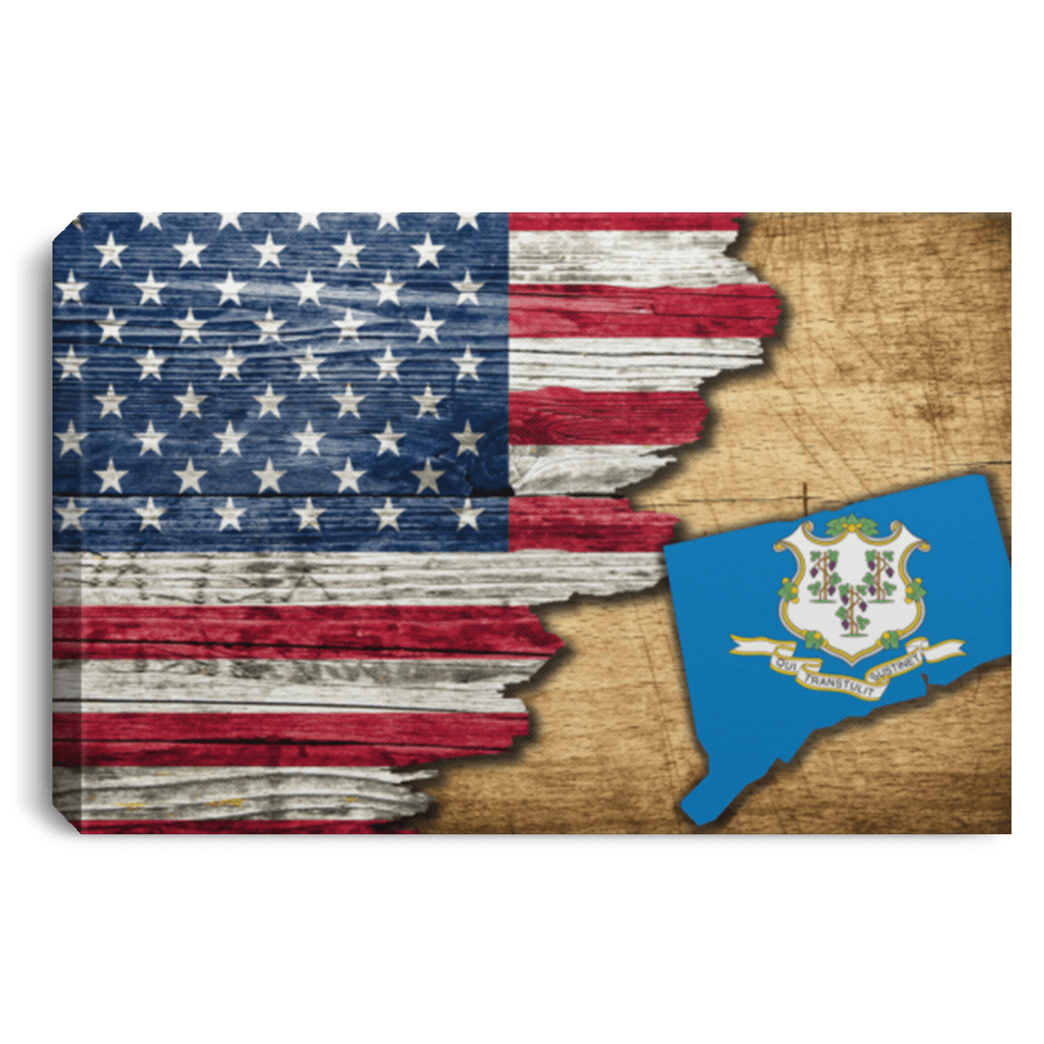 United States/Connecticut Flag Ripped Effect 24X16 Inches  Landscape Canvas .75In Frame