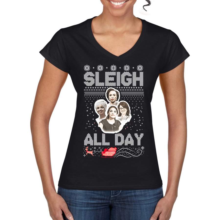 AOC The Squad Congresswomen Sleigh All Day Xmas Ugly Christmas Sweater Women’s Standard V-Neck Tee