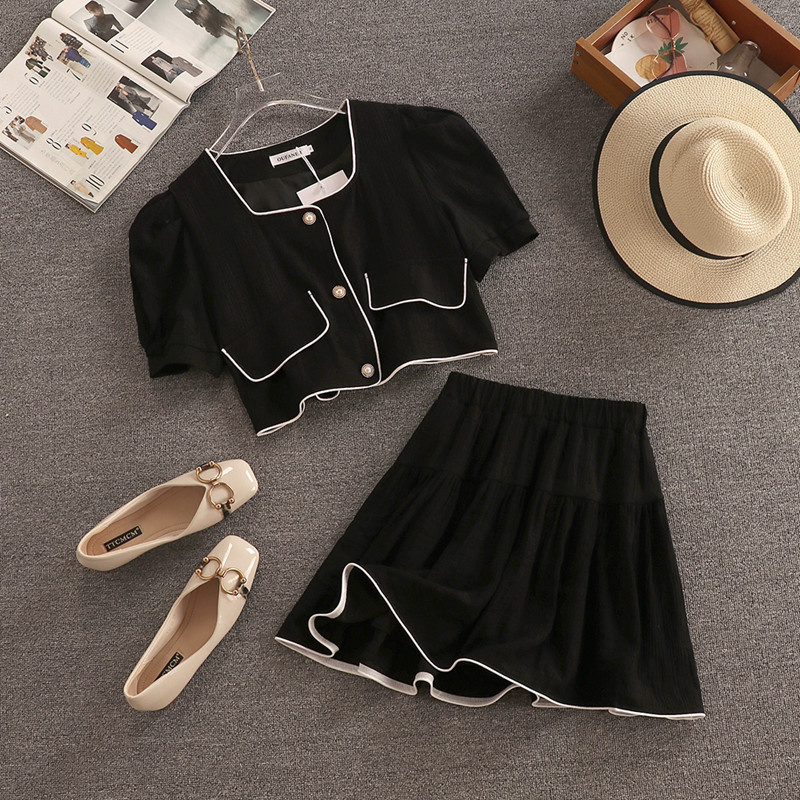 2021 Summer Korean Chic Sweet Two Piece Set Women Crop Top Shirt Blouse + Mini Skirts Suits Slim Age Reduced 2 Piece Sets alx