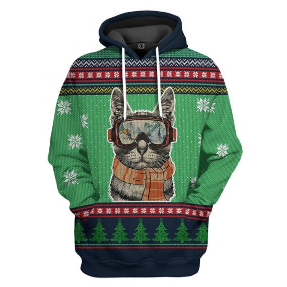 3D Custom Skiing Cat Ugly Christmas All Over Print Unisex Hoodie Cat Lovers