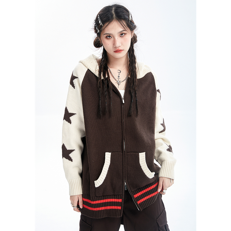 Women Dark Brown Sweater Coat Splicing Contrasting Colors Star Pattern Hooded Jacket Fashion Cardigan Long Sleeves Tops Winter alx