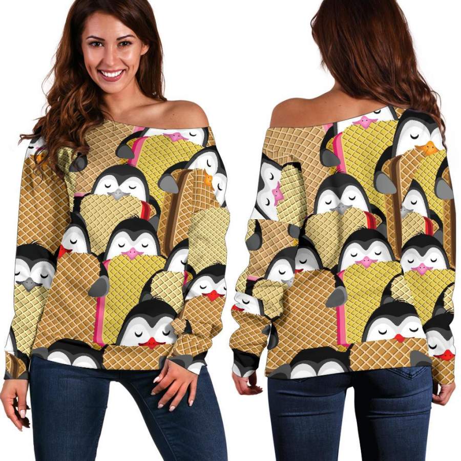 Penguin Waffle Pattern Print Women Off Shoulder Sweatshirt