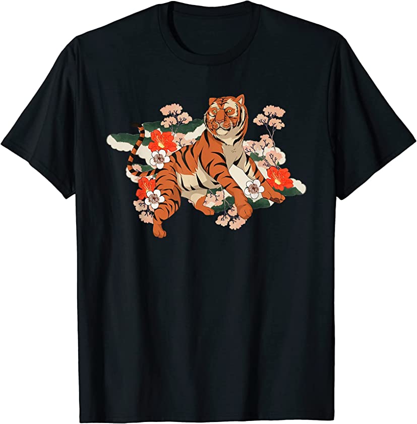 Cherry Blossom Asian Cat Lover Jungle Animal Predator Tiger T-Shirt