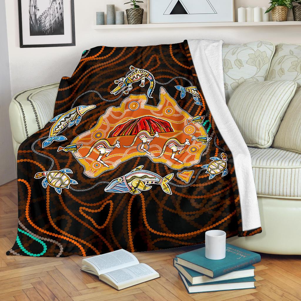 Premium Blanket – Australia Map Aboriginal Animals Dot Painting Blanket