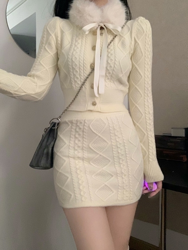 Twist Knitting Sweater Suit Wool Bow Collar Long-sleeved Cardigan High Waist Short Skirt Two-piece Set Fashion Female Clothes alx