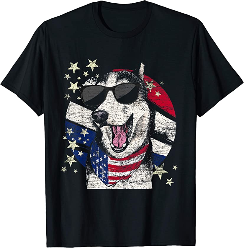 USA Flag Animal Dog Lover Pet Funny Siberian Husky T-Shirt