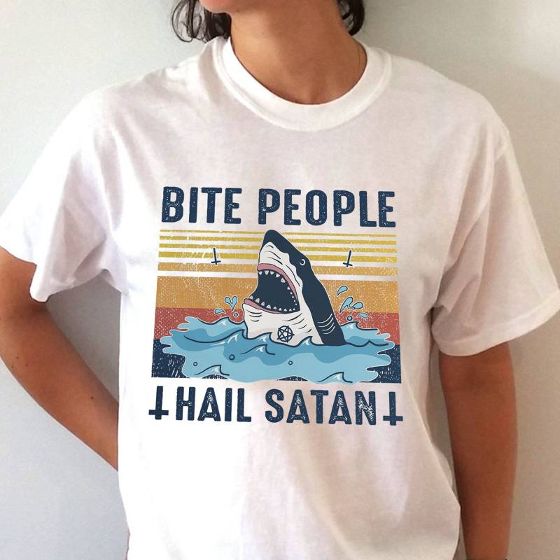 Crushtee Vintage Shark Bite People Hail Satan Shirt Long Sleeve Hoodie