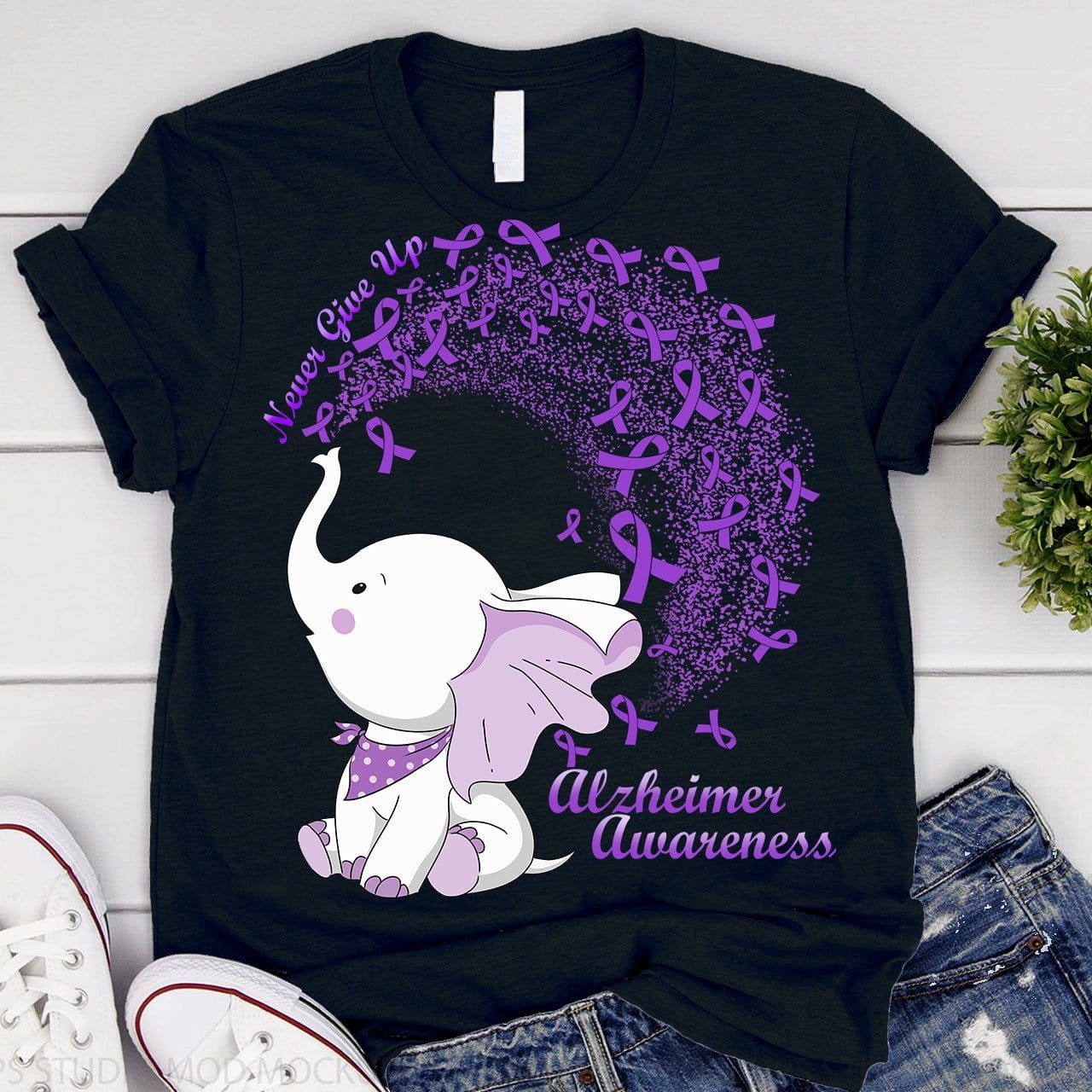 Never Give Up, Elephant With Ribbon, Alzheimer’S Awareness T Shirt