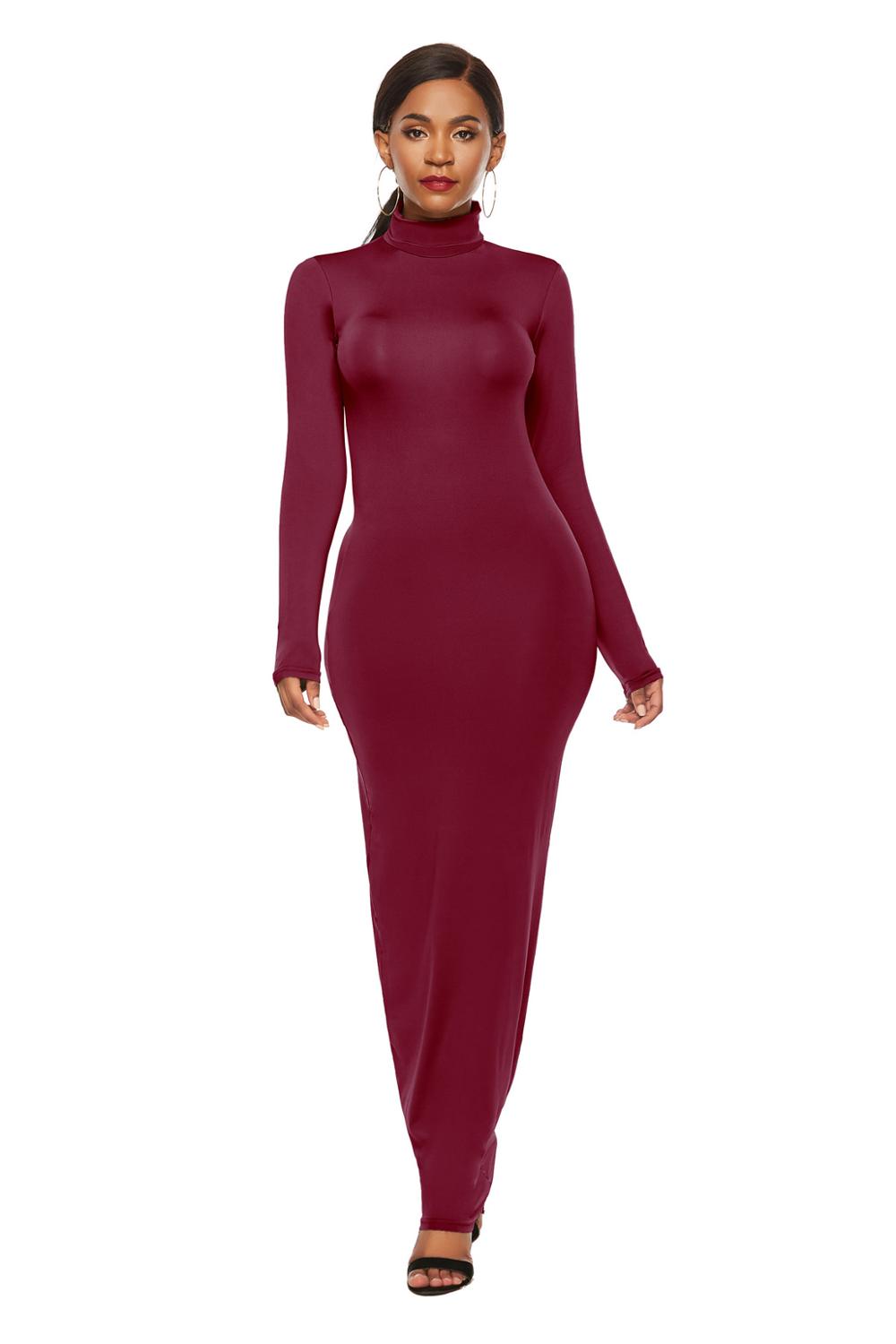 Women Turtleneck Long Sleeve Stretchy Maxi Dress 2021 Spring Autumn New Solid Color Casual Slim Bodycon Hips Long Dress Vestidos alx