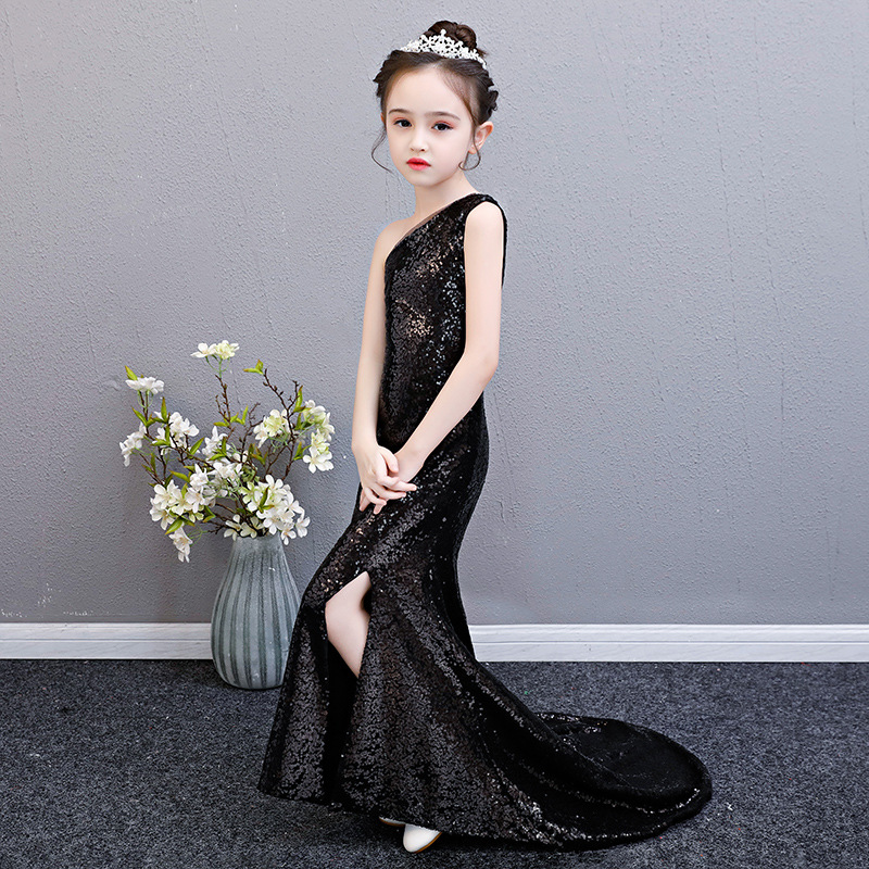 Black Sequin Mermaid Dress Age For Teenage Girls One-shoulder Vintage Noble Graduation Gowns Evening Party Kids Frocks alx