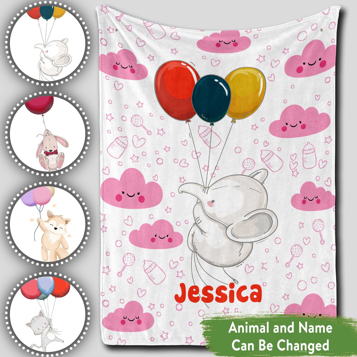 Personalized Baby Blankets With Name, Elephant, Fox Baby Blanket White Color For Boy And Girl Baby