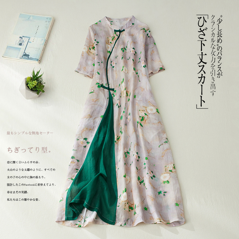 2022 New Arrival Thin Soft Print Floral Patchwork Chinese Style Dress Robes Cheongsam Women Casual Summer Dress Lady Work Dress alx