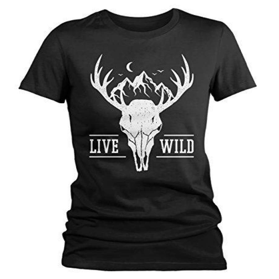 Shirts By Sarah Women’s Live Wild Deer Skull T-Shirt Hipster Nature Shirt