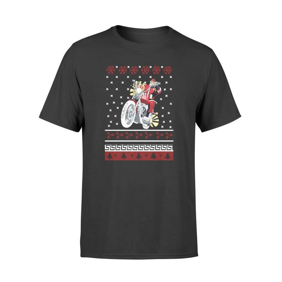 Biker Santa Claus On A Motorcycle Ugly Christmas T-Shirt