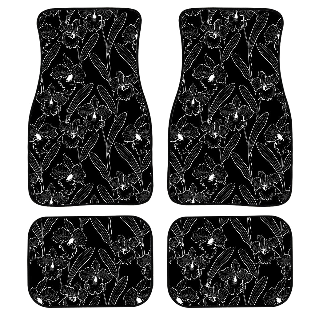 Black Cattleya Flower Pattern Print Front And Back Car Floor Mats, Front Car Mat