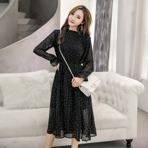 Black Vintage ClotheS Spring Lady Long Chiffon Dress 2022 New Korean Fashion Women Long Sleeved Polka Dot Pleated Dress 3670 50 alx