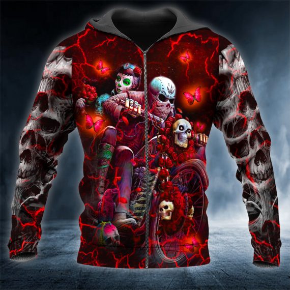 Red Rose Motorcycle Skeleton Couple Skull 3D All Over Printed Unisex Zip Up Hoodie Us Size