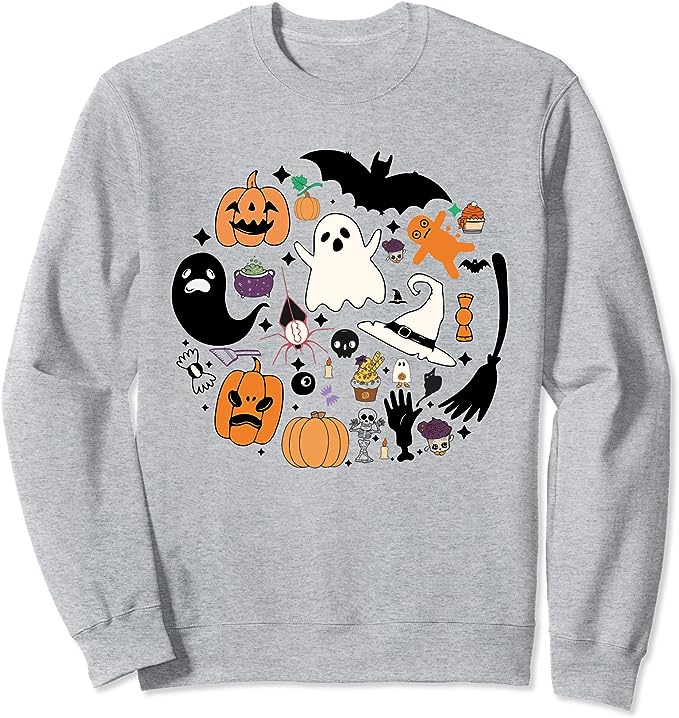 Halloween Doodle Witch Ghost Pumpkin 2D Crewneck Sweatshirt All Over Print Sweatshirt For Women Sweatshirt For Men Sws1388