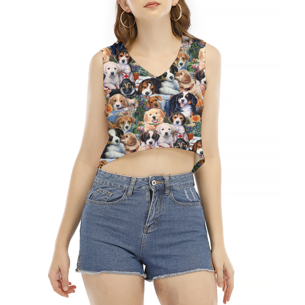 All Over Print Adorable Puppy V-Neck Sleeveless Cropped T-Shirt