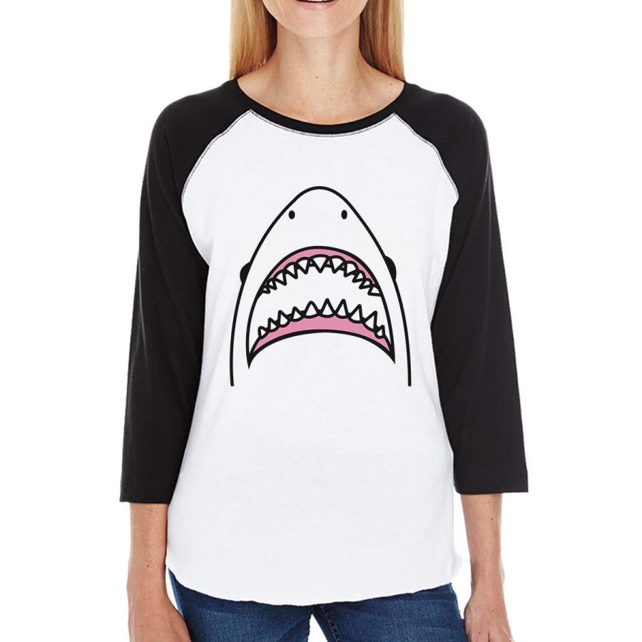 Shark Summer Raglan Shirt Women Black 3/4 Sleeve Baseball Tee Shirt