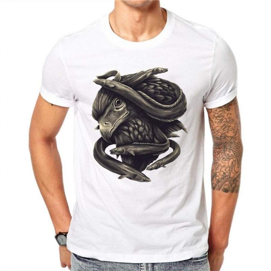 Cotton Men T Shirts Short Sleeve Casual Tops Gothic Style Crow Fish Printed O-neck T-Shirt Cool Harajuku Tee