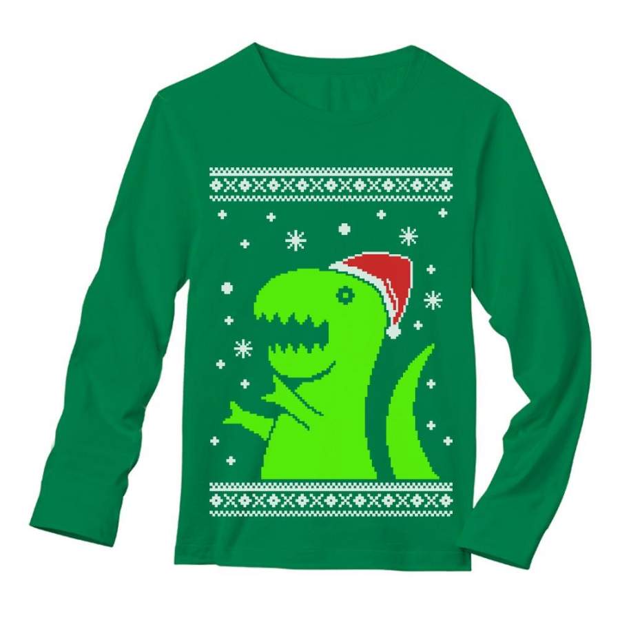 Big Green Trex Santa Ugly Christmas Sweater Funny Xmas Long Sleeve T-Shirt