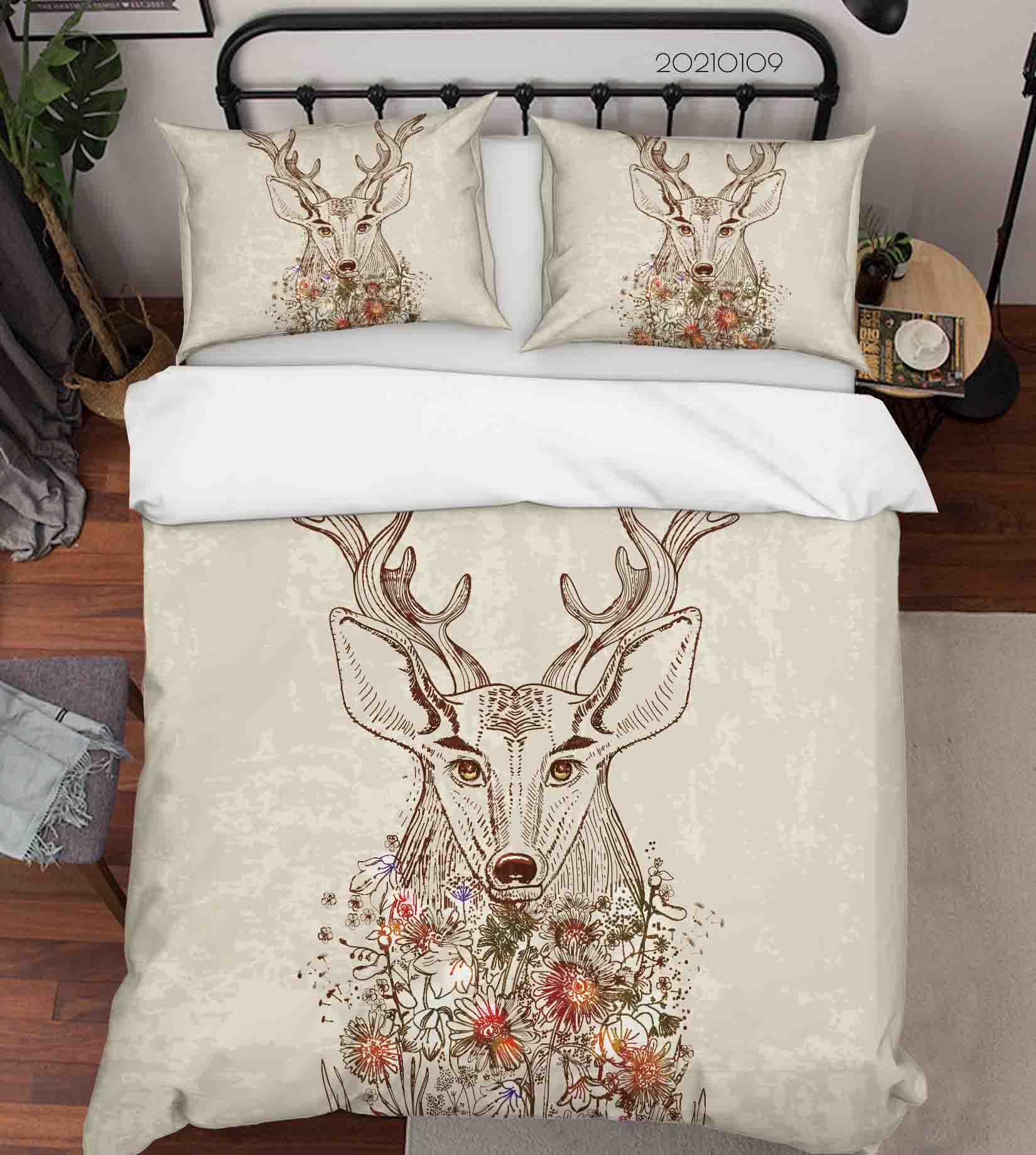 3D Cartoon Animal Elk Flowers Quilt Cover Set Bedding Set Duvet Cover Pillowcases 72 Lqh