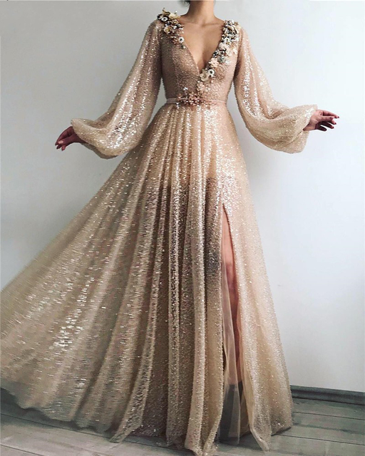 Sparkling Sexy Gold Sexy Formal Prom Dress Flowers V-Neck Sequin A-Line Dubai Arabic Long Sleeve Evening Dresses 2022 alx