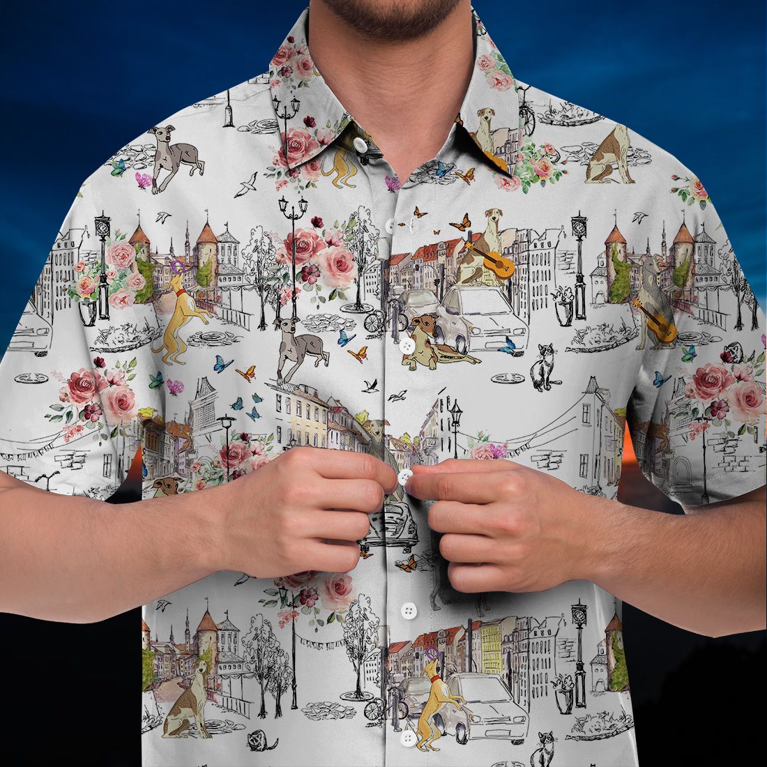 Whippet Hawaiian Shirt Flower City Art