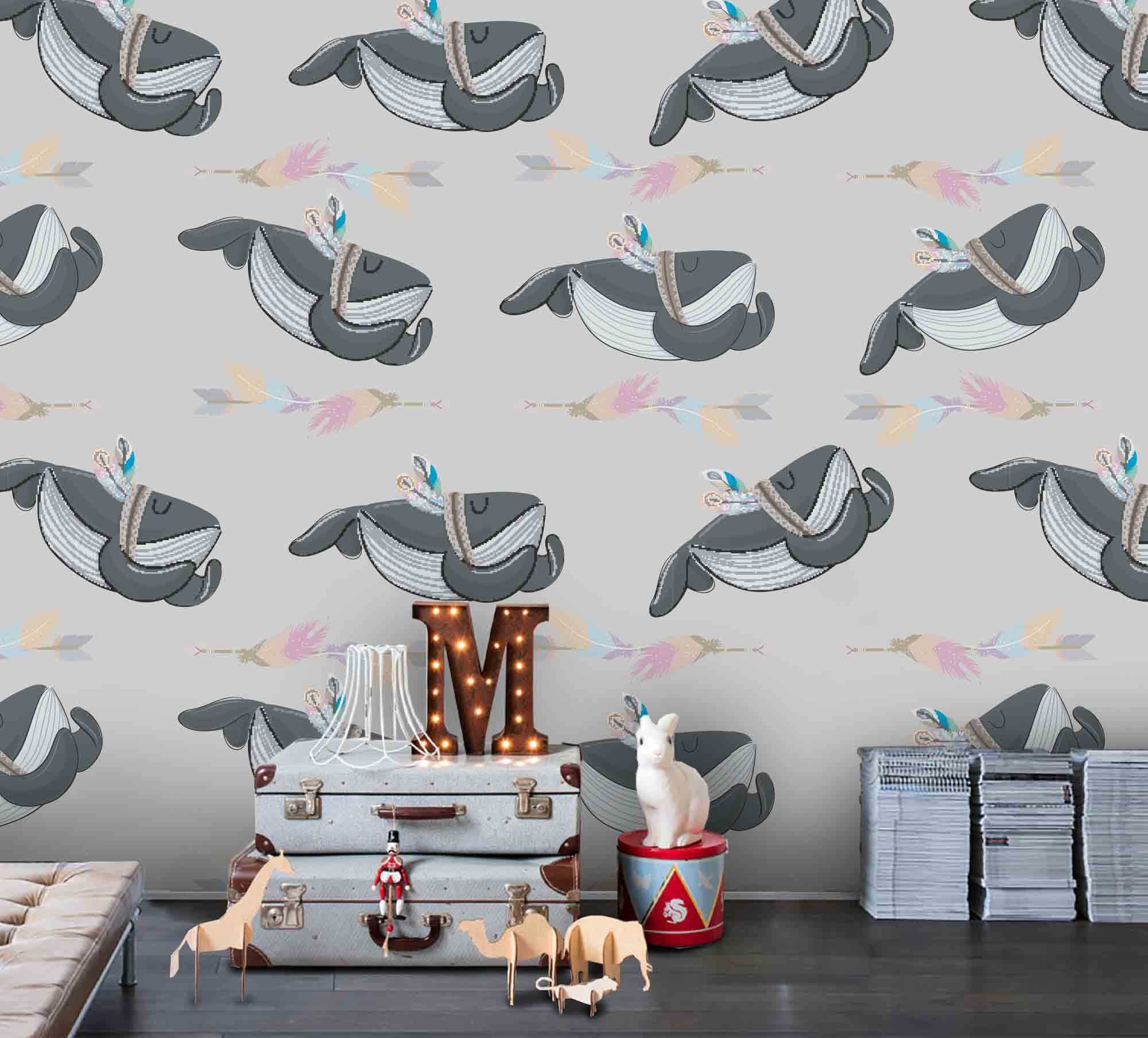 3D Cartoon Dolphin Feather Wall Mural Wallpaper A174 Lqh