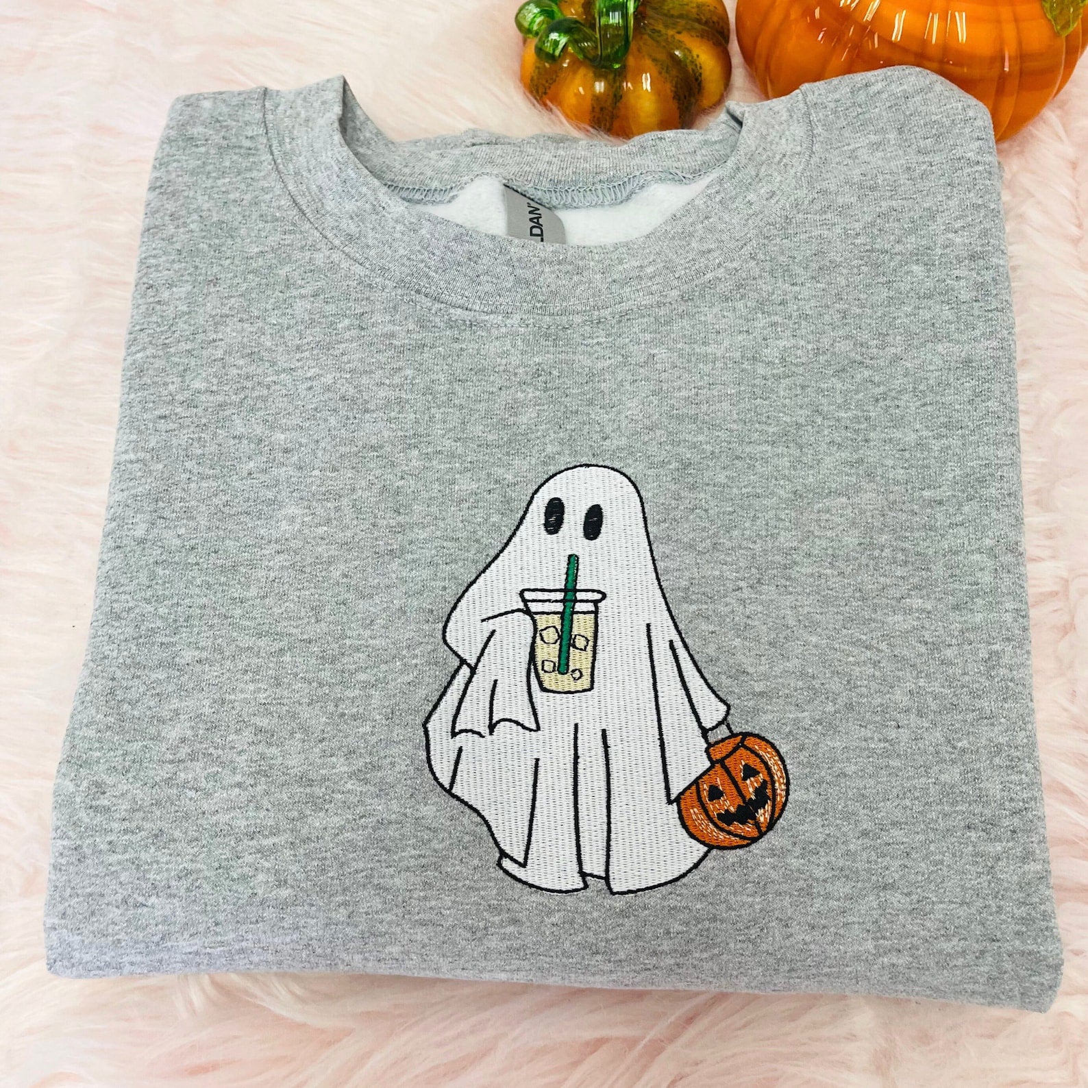 Embroidered Ghost With Coffee Sweatshirt 2D Crewneck Sweatshirt All Over Print Sweatshirt For Women Sweatshirt For Men Sws2510