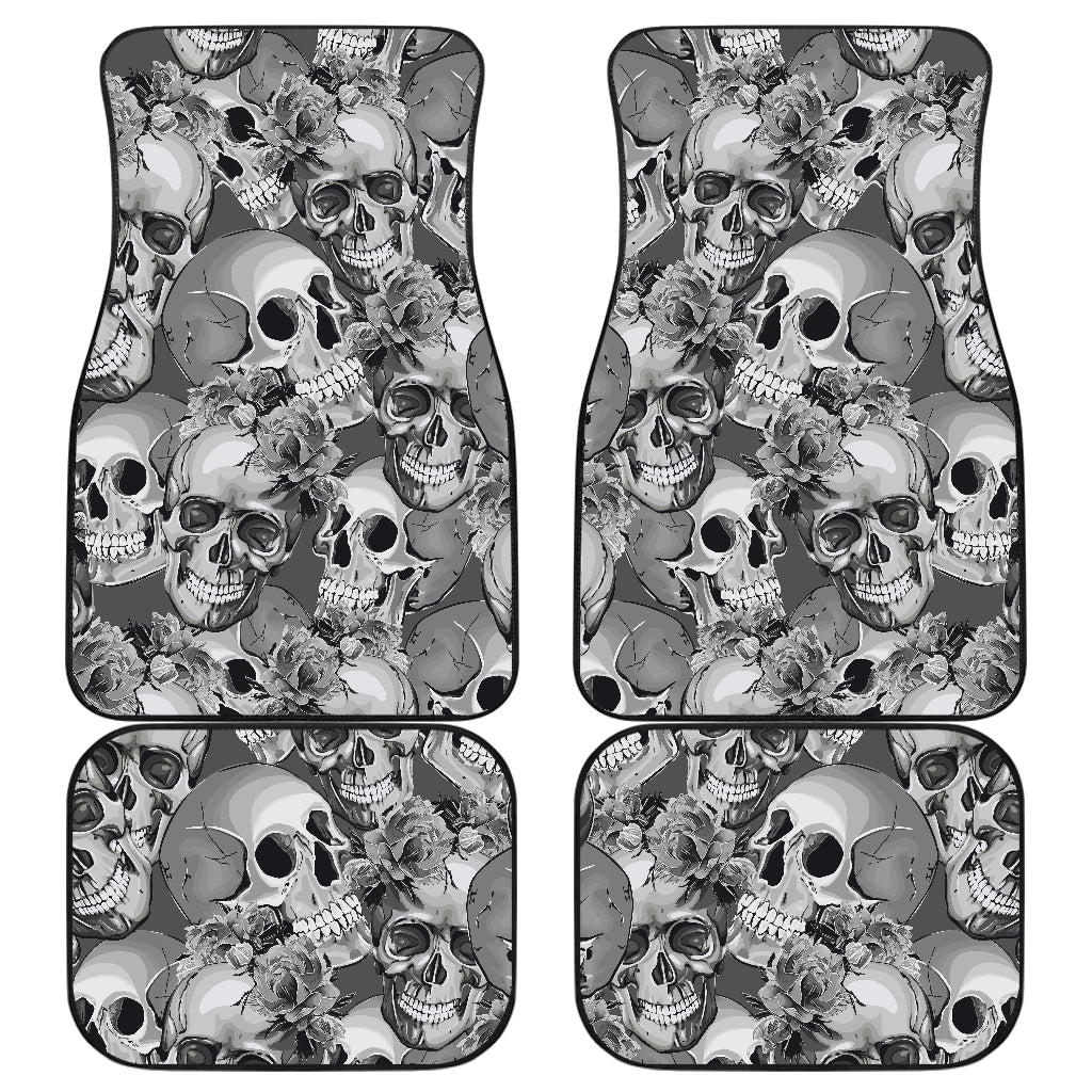 Monochrome Skull Flowers Pattern Print Front And Back Car Floor Mats, Front Car Mat