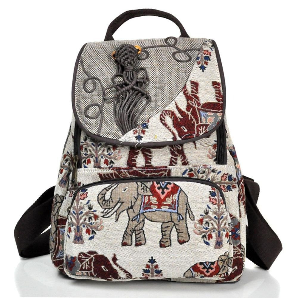 Boho Thai Elephant Embroidered Canvas Backpack Shoulder Bag