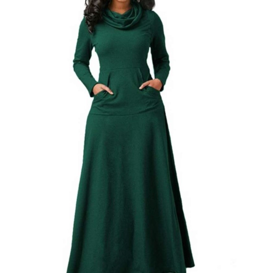 2022 New Elegant Long Maxi Dress Autumn Winter Warm High Collar Women Long-sleeved Dress Woman Clothing With Pocket alx