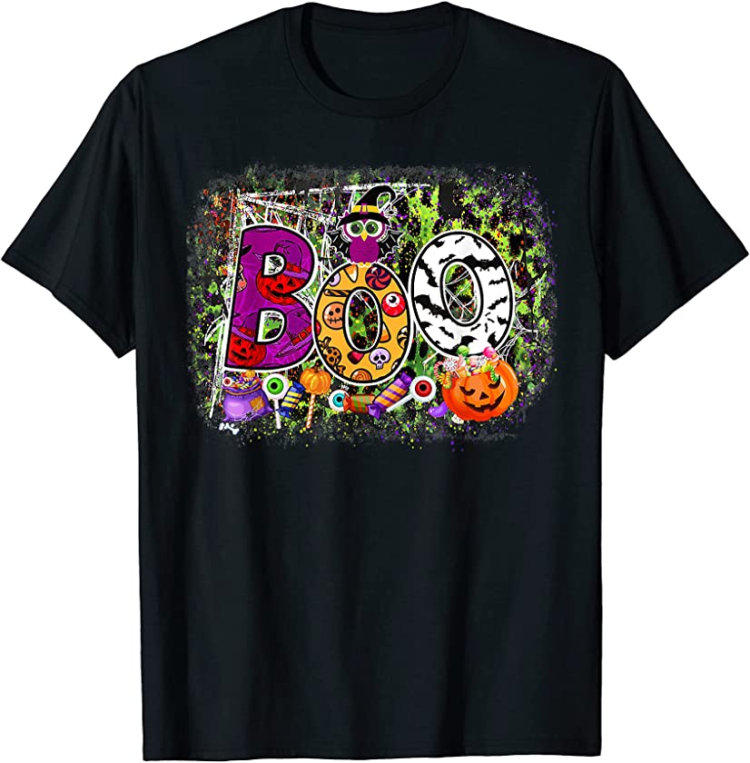 Boo Halloween Costume Pumpkin Witch Cute Owl Candy Bleached T-Shirt