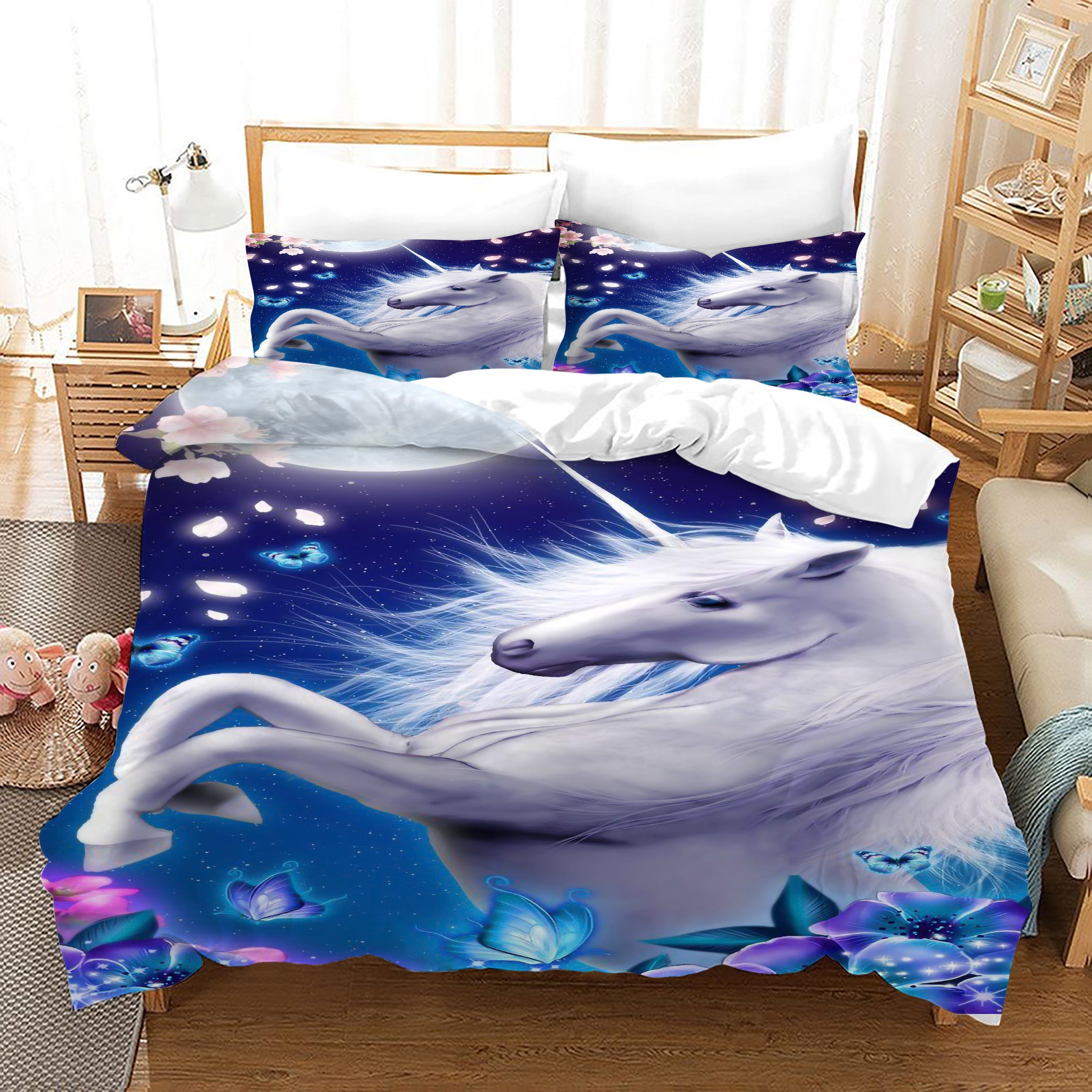 3D Blue Floral Unicorn Quilt Cover Set Bedding Set Duvet Cover Pillowcases Jn1003