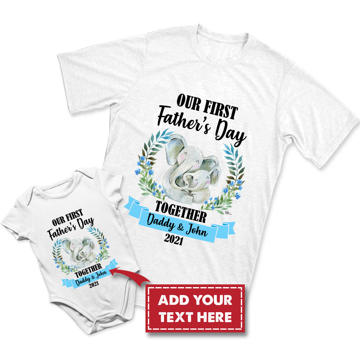 Personalized Dad Baby Name Our 1st Father’s Day Cute Elephant Matching Outfits – White Shirt