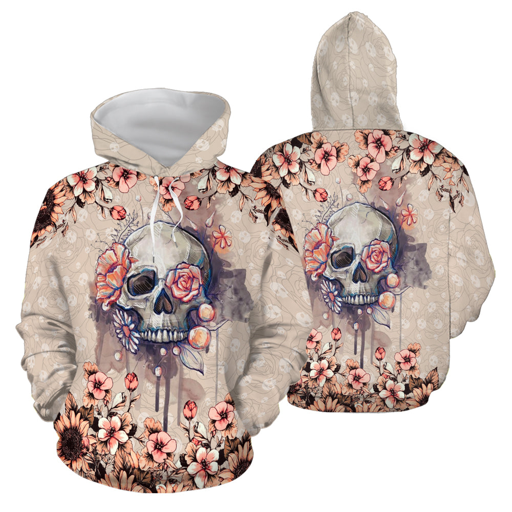 ViticFashion™ skull & flower- cream shade salmon pink detail- ultra soft 3D all over printed XL hoodie