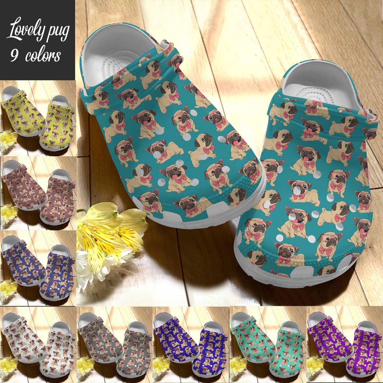 Pug Personalize Clog, Custom Name, Text, Fashion Style For Women, Men, Kid, Print 3D Whitesole Lovely Pug Pattern