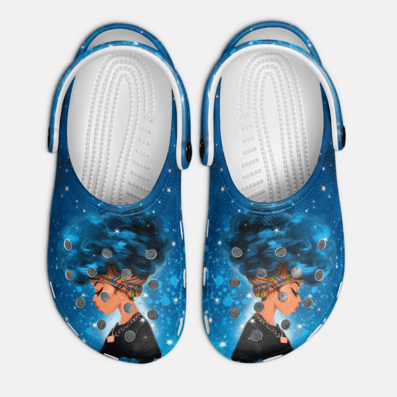 Black Girl Curly Headwrap Blue Hair Art Classic Clogs Shoes