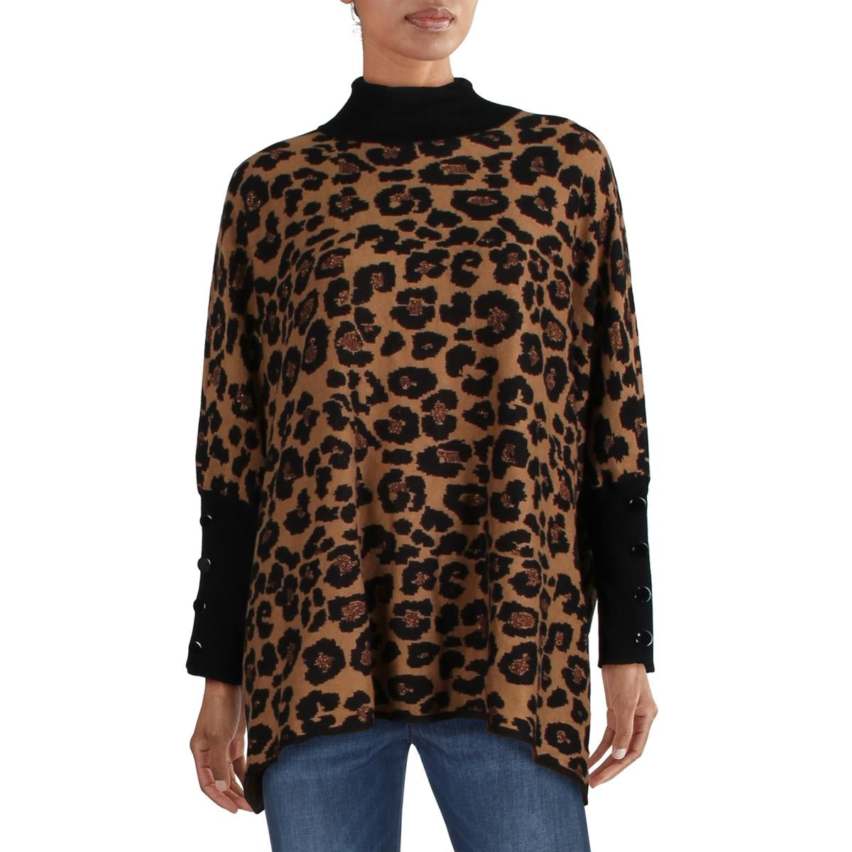 Womens Metallic Animal Print Mock Turtleneck Sweater