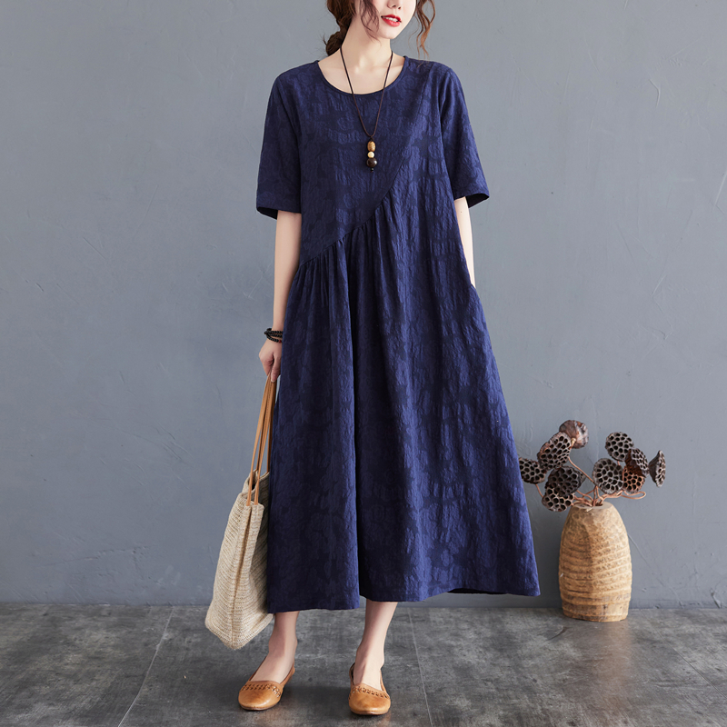 2022 New Arrival Short Sleeve Fashion Women Summer Dress Linen Cotton Jacquard Mori Girl Vintage Dress Women Casual Loose Dress alx