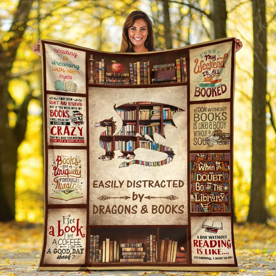 Book Lovers Blanket – Easily Distracted By Dragons & Books Fleece Blanket