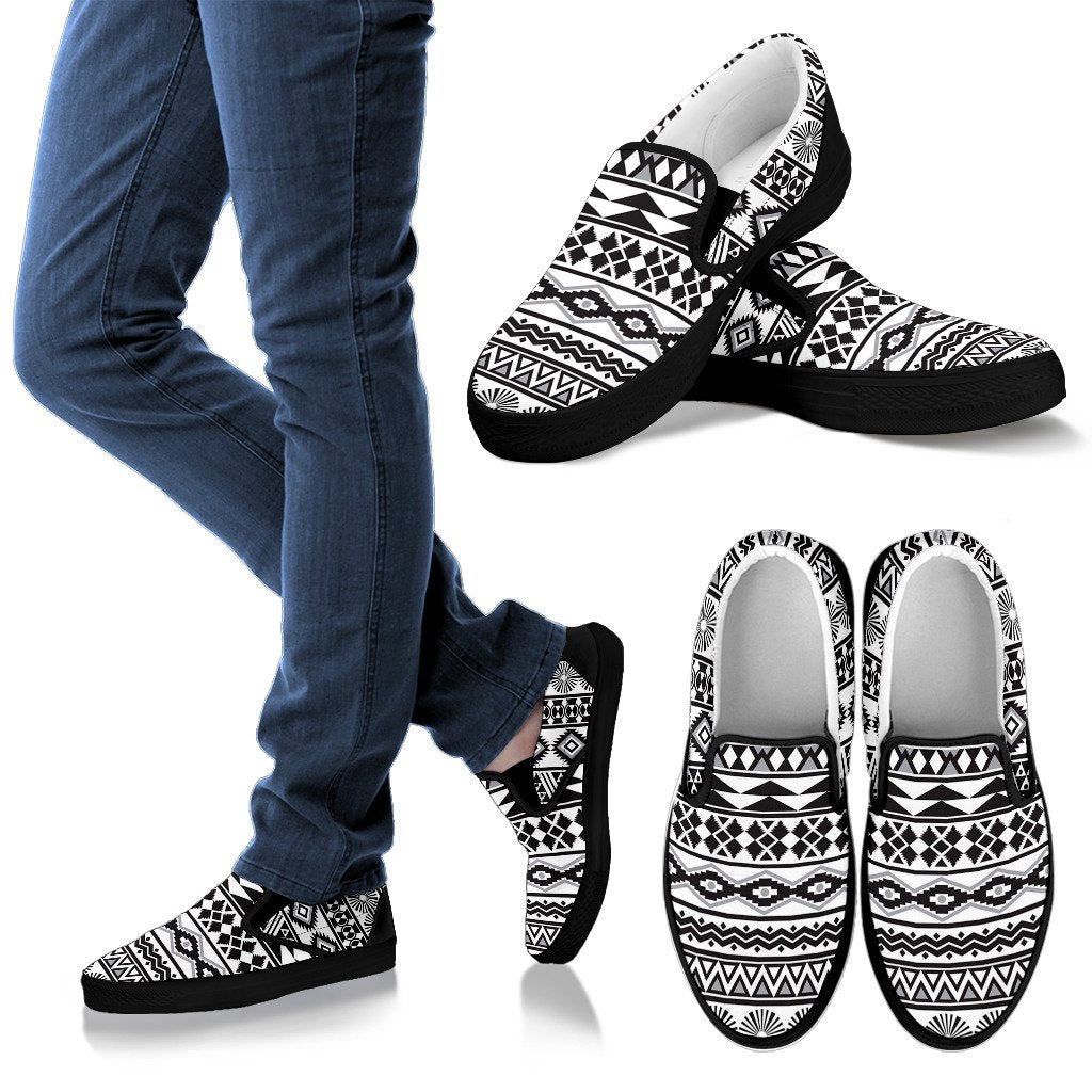 White And Grey Aztec Pattern Print Women’S Slip On Shoes