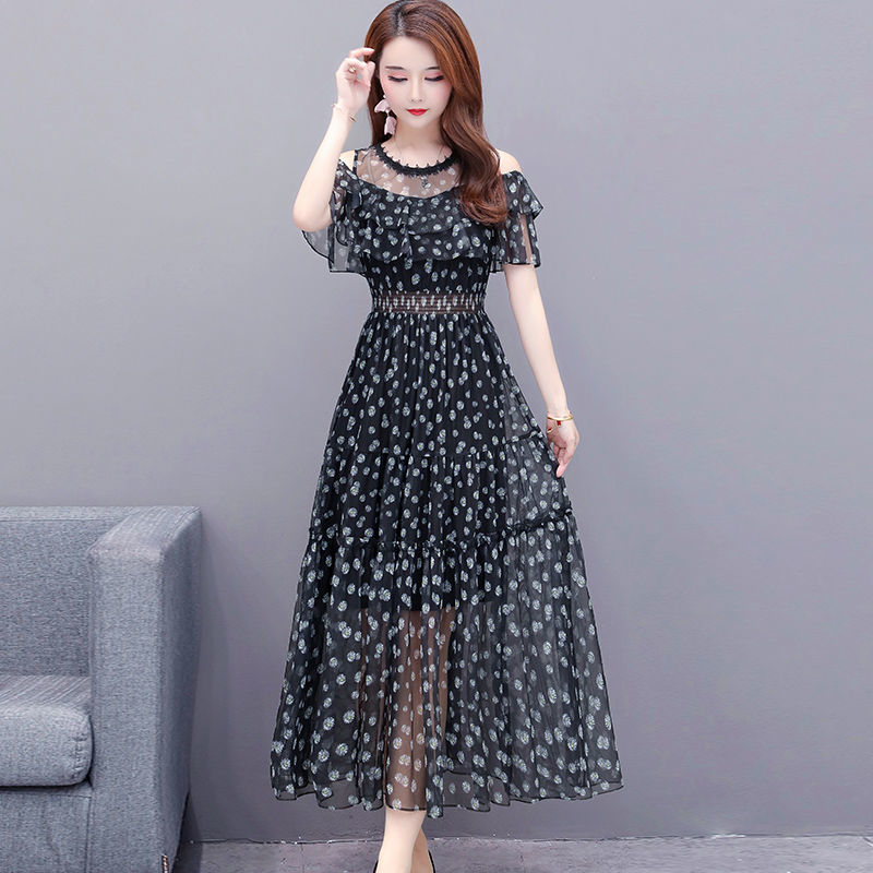 Summer Floral Print Ruffle Chiffon Dress Women M-4XL Elegant Off Shoulder Mesh A-Line Dress New Casual Beach Party Dress alx