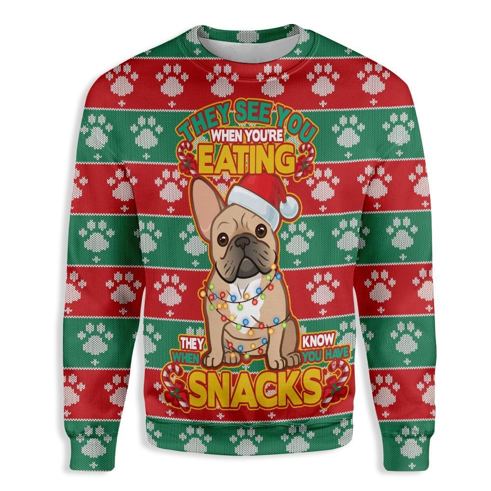 They See You When You’Re Eating Christmas French Bulldog Ugly Christmas Sweater | For Men & Women | Adult | Us5422